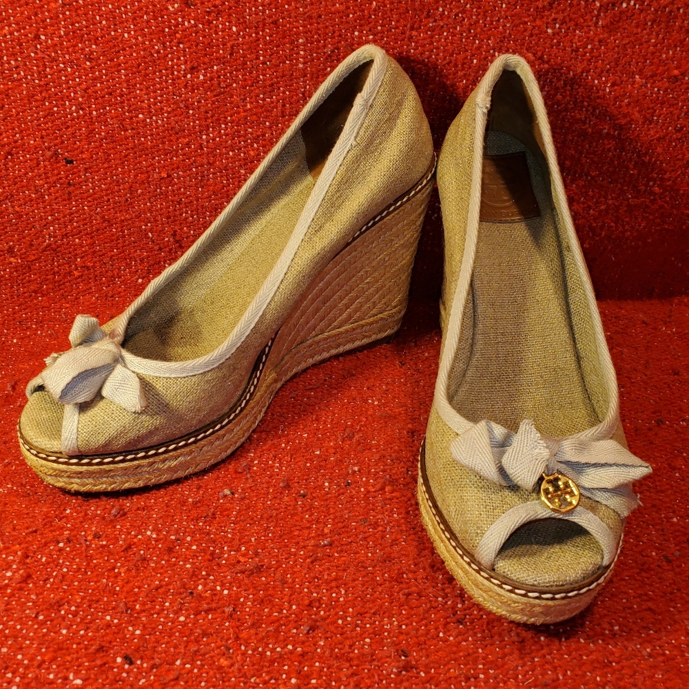 Tory Burch tan canvas espadrille wedges